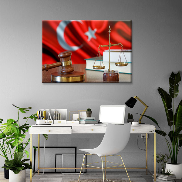 canvas-wall-art-5260-01 Türk Bayraklı Adalet Terazisi ve Hakim Tokmağı Temalı Kanvas Tablo – 5260