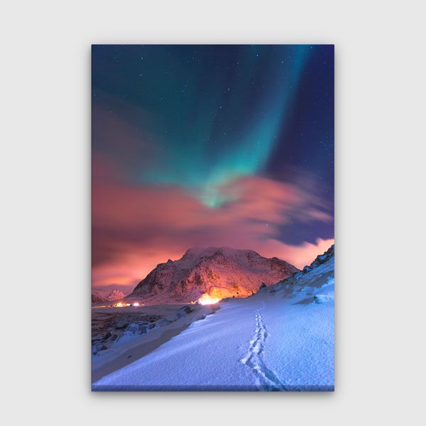 Kuzey Işıkları ve Kış Dağ Manzarası Kanvas Tablo 13850