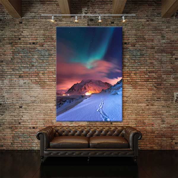 Kuzey Işıkları ve Kış Dağ Manzarası Kanvas Tablo 13850