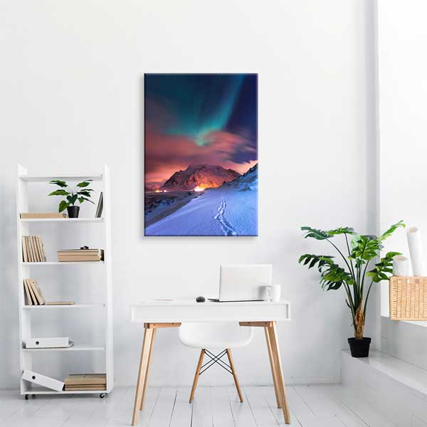 Kuzey Işıkları ve Kış Dağ Manzarası Kanvas Tablo 13850