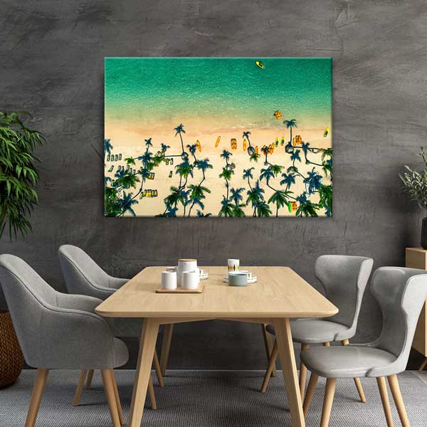 Tropikal Plaj ve Palmiye Ağaçları Drone Görüntüsü Kanvas Tablo 13342