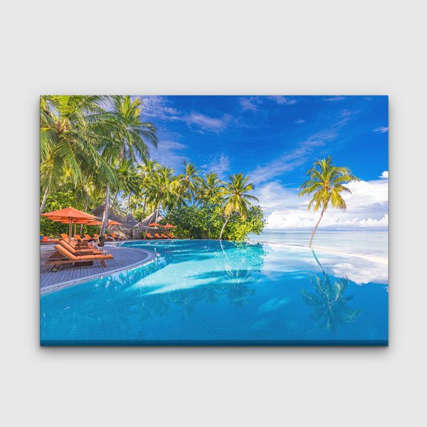 Tropikal Havuz ve Palmiye Sahili Manzarası Kanvas Tablo 13359