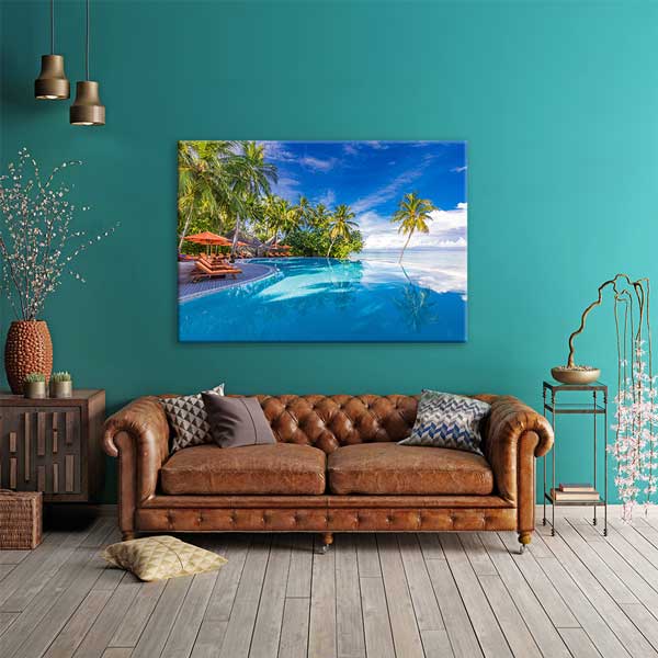 Tropikal Havuz ve Palmiye Sahili Manzarası Kanvas Tablo 13359