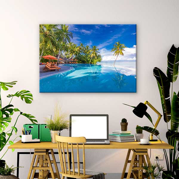Tropikal Havuz ve Palmiye Sahili Manzarası Kanvas Tablo 13359
