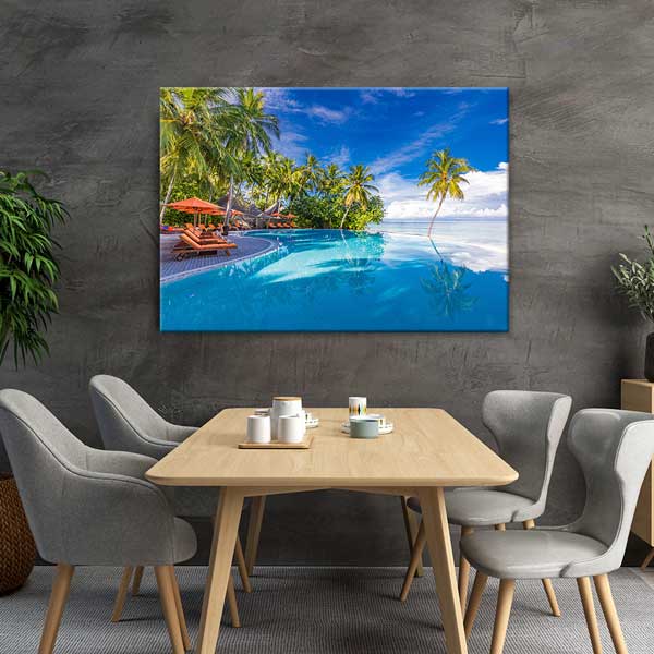 Tropikal Havuz ve Palmiye Sahili Manzarası Kanvas Tablo 13359