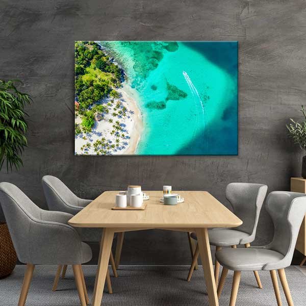 Turkuaz Deniz ve Palmiye Sahili Havadan Görünüm Kanvas Tablo 13360