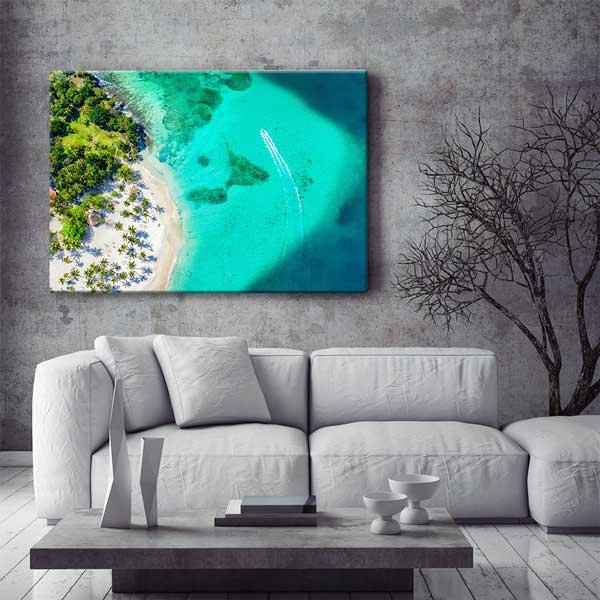 Turkuaz Deniz ve Palmiye Sahili Havadan Görünüm Kanvas Tablo 13360