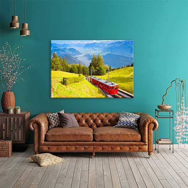 Alp Dağları Kırmızı Tren Manzara Kanvas Tablo 13459