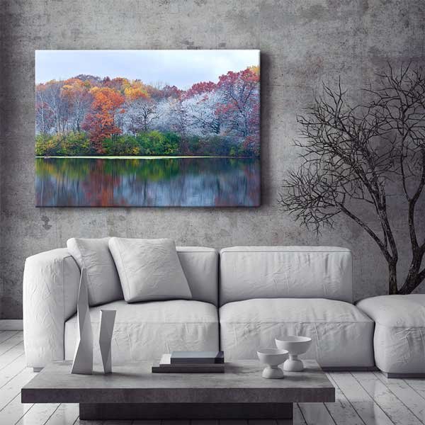 Sonbahar ve İlk Kar Göl Manzarası Kanvas Tablo 13533