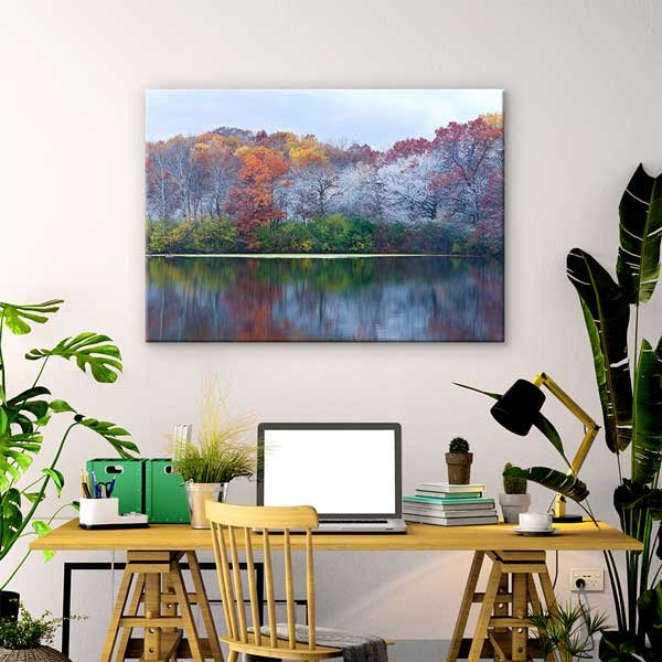 Sonbahar ve İlk Kar Göl Manzarası Kanvas Tablo 13533