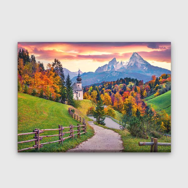 canvas-wall-design-13534-00 Sonbahar Dağ ve Kilise Manzarası Kanvas Tablo 13534