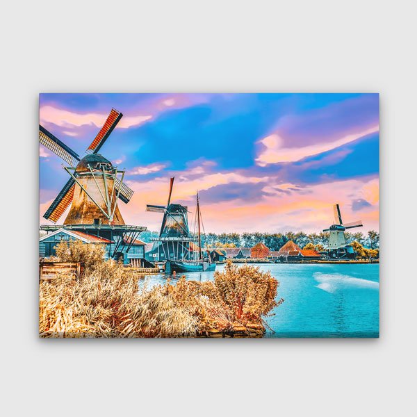 Hollanda Rüzgâr Değirmenleri Gün Batımı Manzarası Kanvas Tablo 13543