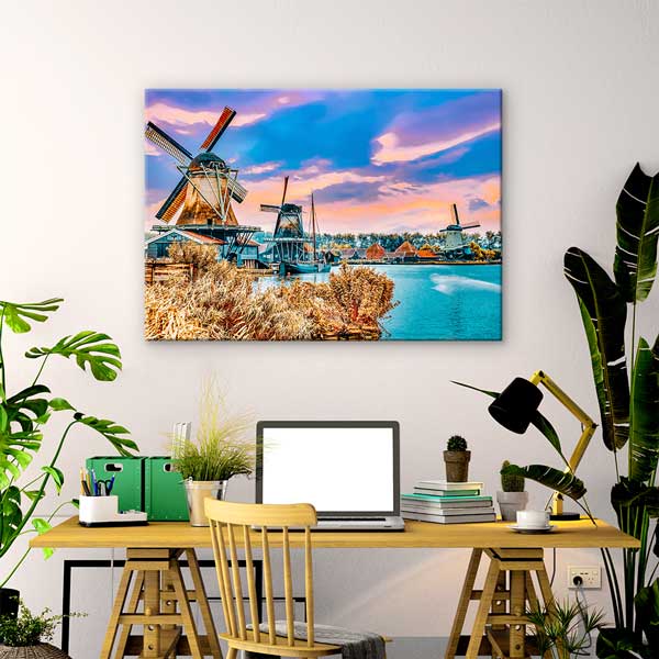 Hollanda Rüzgâr Değirmenleri Gün Batımı Manzarası Kanvas Tablo 13543