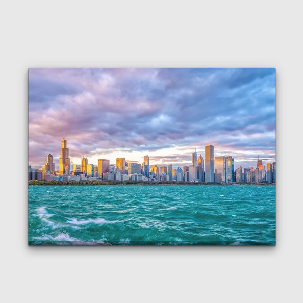 Gün Batımında Modern Şehir Silüeti ve Deniz Manzarası Kanvas Tablo 13620