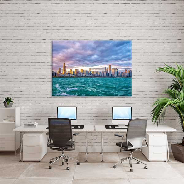 Gün Batımında Modern Şehir Silüeti ve Deniz Manzarası Kanvas Tablo 13620