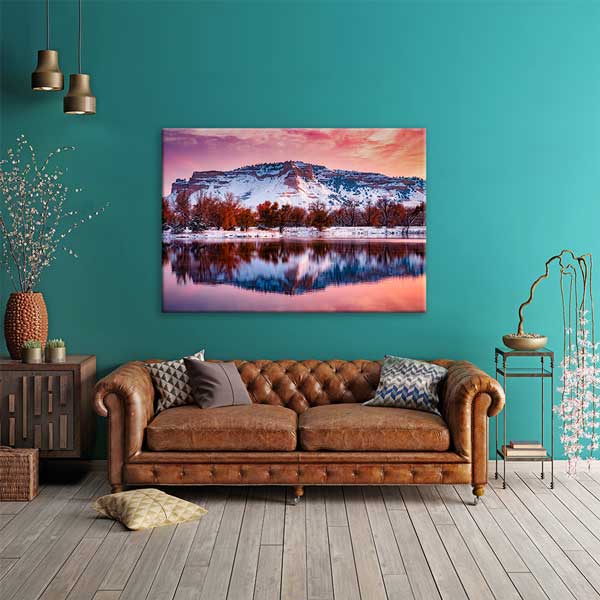 Karlı Dağ ve Göl Yansıması Gün Batımı Duvar Tablosu 13634