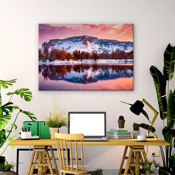 Karlı Dağ ve Göl Yansıması Gün Batımı Duvar Tablosu 13634