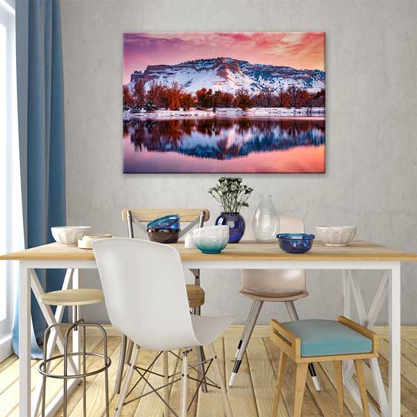 Karlı Dağ ve Göl Yansıması Gün Batımı Duvar Tablosu 13634