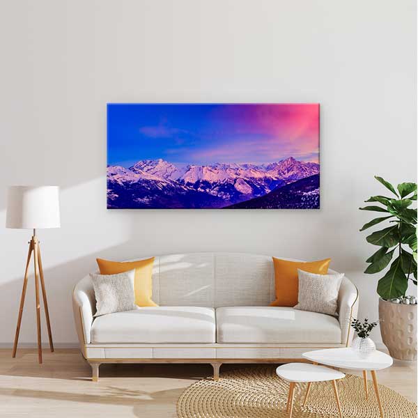 Pembe Gün Batımı Işığında Kar Dağları Panoramik Kanvas Tablo – 13674