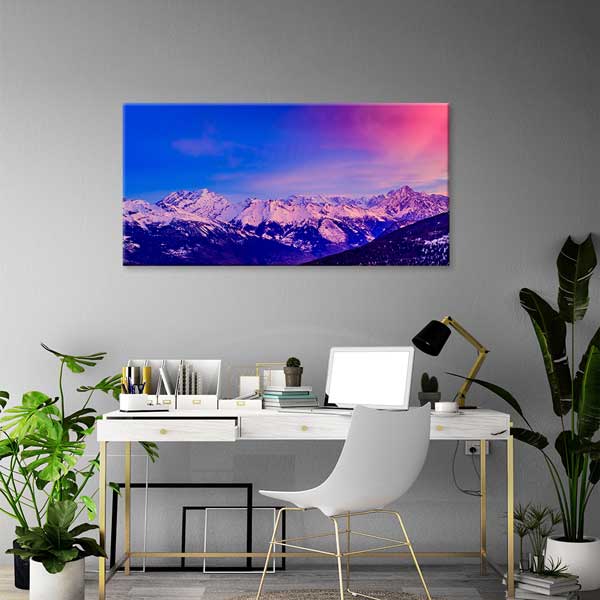 Pembe Gün Batımı Işığında Kar Dağları Panoramik Kanvas Tablo – 13674