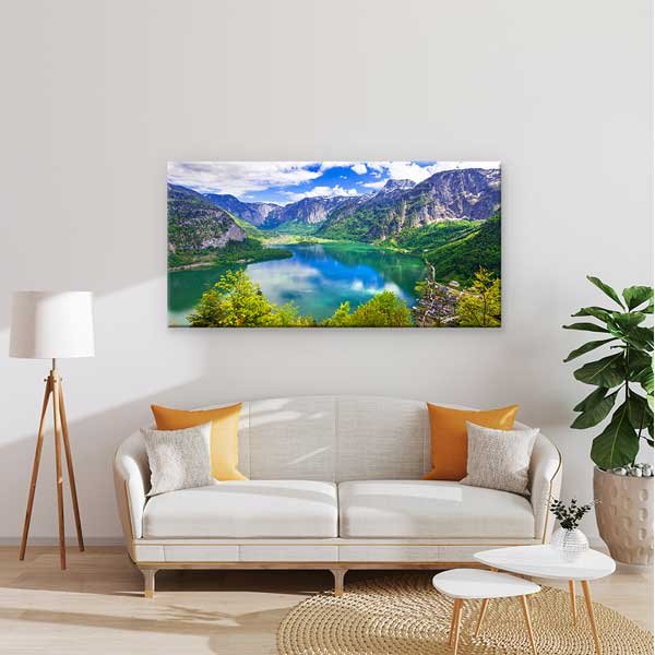 canvas-wall-design-13676-01 Hallstatt Dağ ve Göl Manzarası Panoramik Kanvas Tablo – 13676