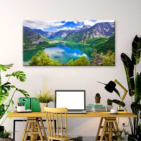 canvas-wall-design-13676-02 Hallstatt Dağ ve Göl Manzarası Panoramik Kanvas Tablo – 13676