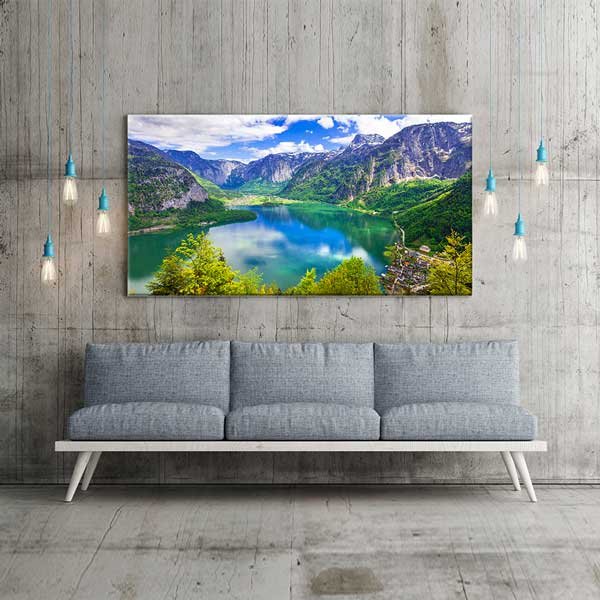 canvas-wall-design-13676-04 Hallstatt Dağ ve Göl Manzarası Panoramik Kanvas Tablo – 13676
