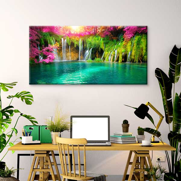 canvas-wall-design-13708-02 Plitvice Gölleri Çok Katmanlı Şelale Turkuaz Göl Manzarası Kanvas Tablo – 13708
