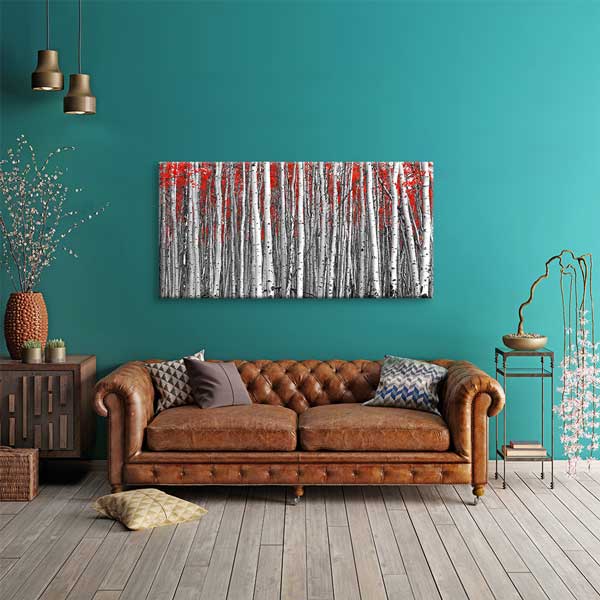 Kırmızı Yapraklı Siyah Beyaz Orman Duvar Tablosu – 13760