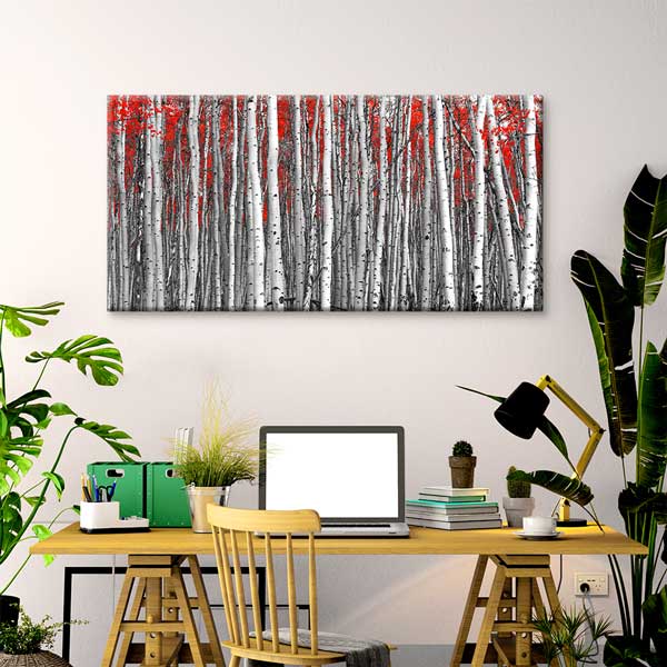 Kırmızı Yapraklı Siyah Beyaz Orman Duvar Tablosu – 13760