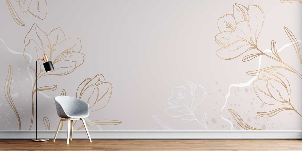 Altın Çizgisel Çiçek Desenli Zarif Duvar Kağıdı 4257