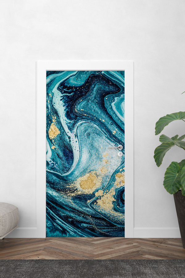 Turkuaz ve Altın Dokulu Soyut Sanat Kapı Giydirme 9879