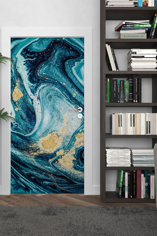 Turkuaz ve Altın Dokulu Soyut Sanat Kapı Giydirme 9879