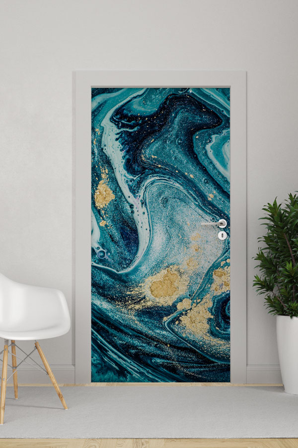 Turkuaz ve Altın Dokulu Soyut Sanat Kapı Giydirme 9879