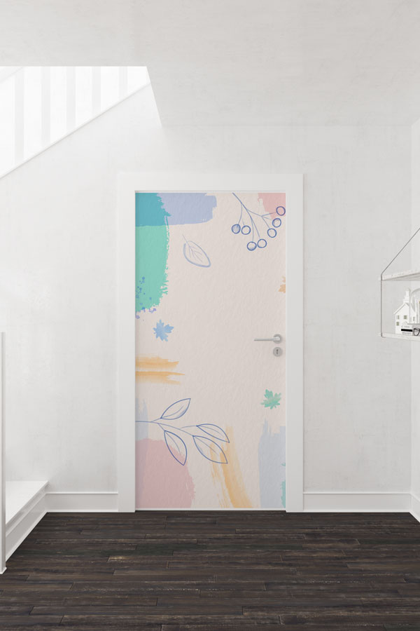 Pastel Yaprak Desenli Minimal Kapı Giydirme Tasarımı 9253