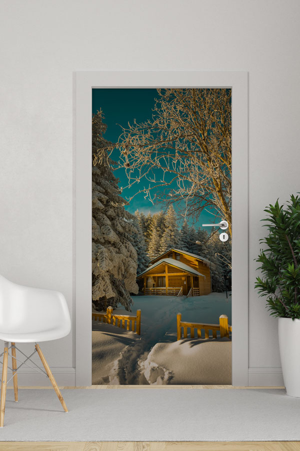 Karlı Orman Evi Gece Manzarası Kapı Giydirme 9841