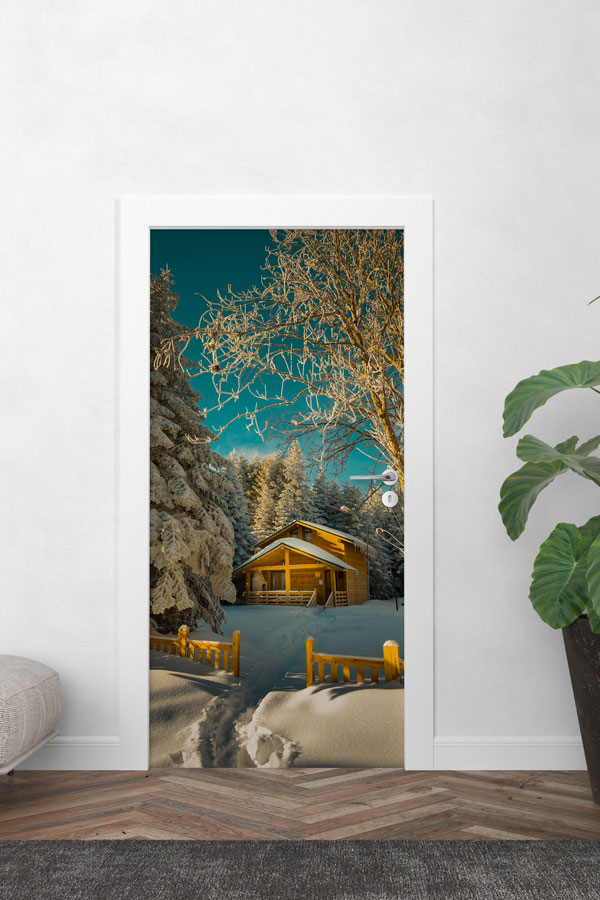 Karlı Orman Evi Gece Manzarası Kapı Giydirme 9841