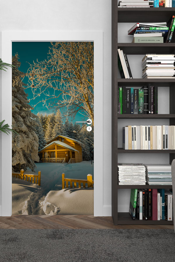 Karlı Orman Evi Gece Manzarası Kapı Giydirme 9841