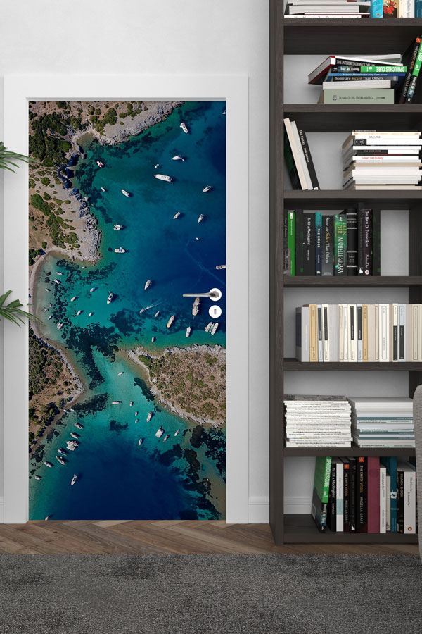 sınıf,kapı,giydirme,tasarım Turkuaz Koy ve Tekneler Manzaralı Kapı Giydirme 9850