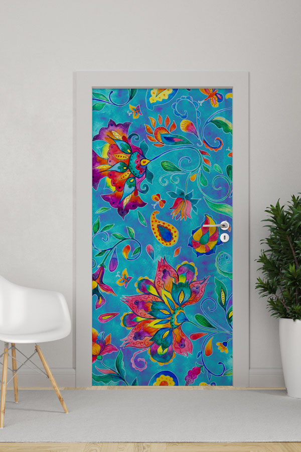 Renkli Çiçek Motifli Dekoratif Kapı Giydirme 9876