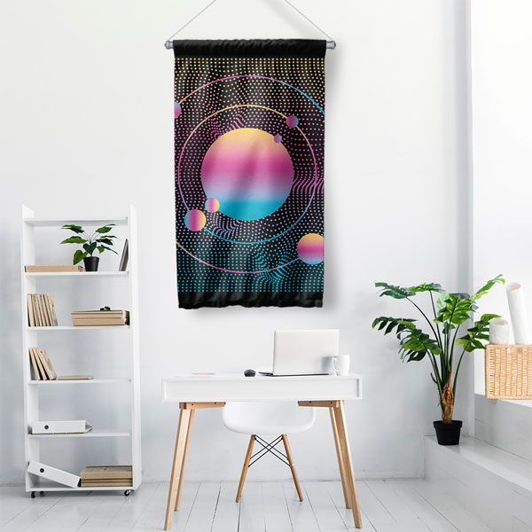 Neon Renkli Soyut Gezegenler ve Nokta Desenli Dekoratif Duvar Flaması - Fütüristik Bilim 10291-DF