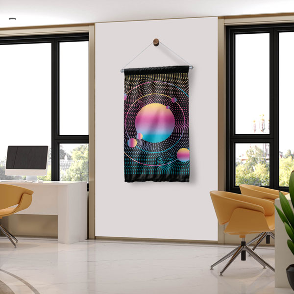 Neon Renkli Soyut Gezegenler ve Nokta Desenli Dekoratif Duvar Flaması - Fütüristik Bilim 10291-DF