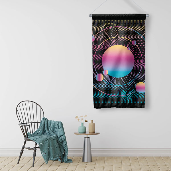 Neon Renkli Soyut Gezegenler ve Nokta Desenli Dekoratif Duvar Flaması - Fütüristik Bilim 10291-DF