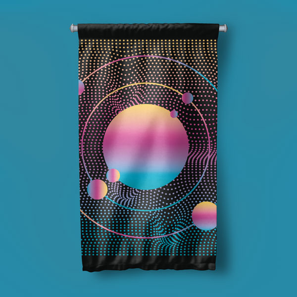 Neon Renkli Soyut Gezegenler ve Nokta Desenli Dekoratif Duvar Flaması - Fütüristik Bilim 10291-DF