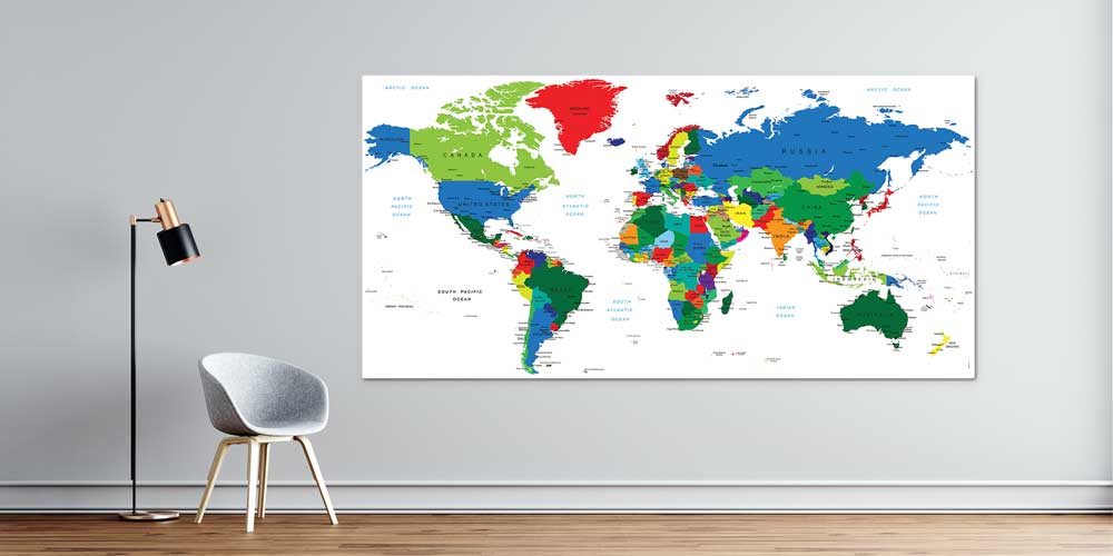 Renkli Siyasi Dünya Haritası Duvar Dekoru - Ülke Sınırları ve İsimler F-118