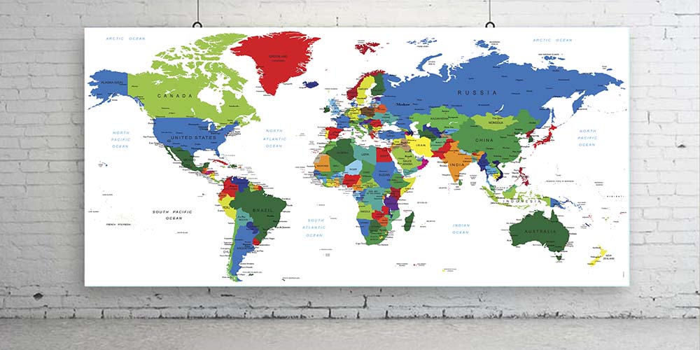 Renkli Siyasi Dünya Haritası Duvar Dekoru - Ülke Sınırları ve İsimler F-118