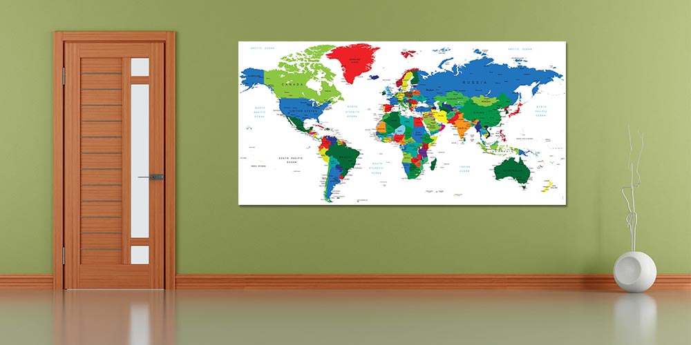 Renkli Siyasi Dünya Haritası Duvar Dekoru - Ülke Sınırları ve İsimler F-118