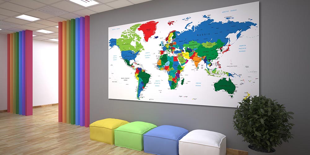 Renkli Siyasi Dünya Haritası Duvar Dekoru - Ülke Sınırları ve İsimler F-118