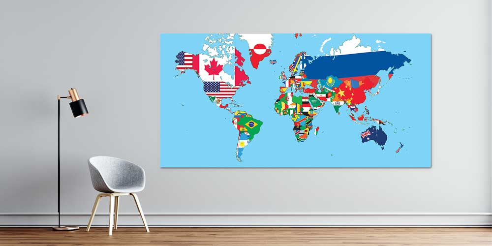 cografya-sinifi-f-114-00 Ülke Bayrakları Dünya Haritası Duvar Dekoru F-114