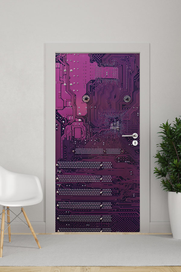 Mor Devre Kartı Desenli Kapı Giydirme - BT Sınıfı & Teknoloji Alanları 8892